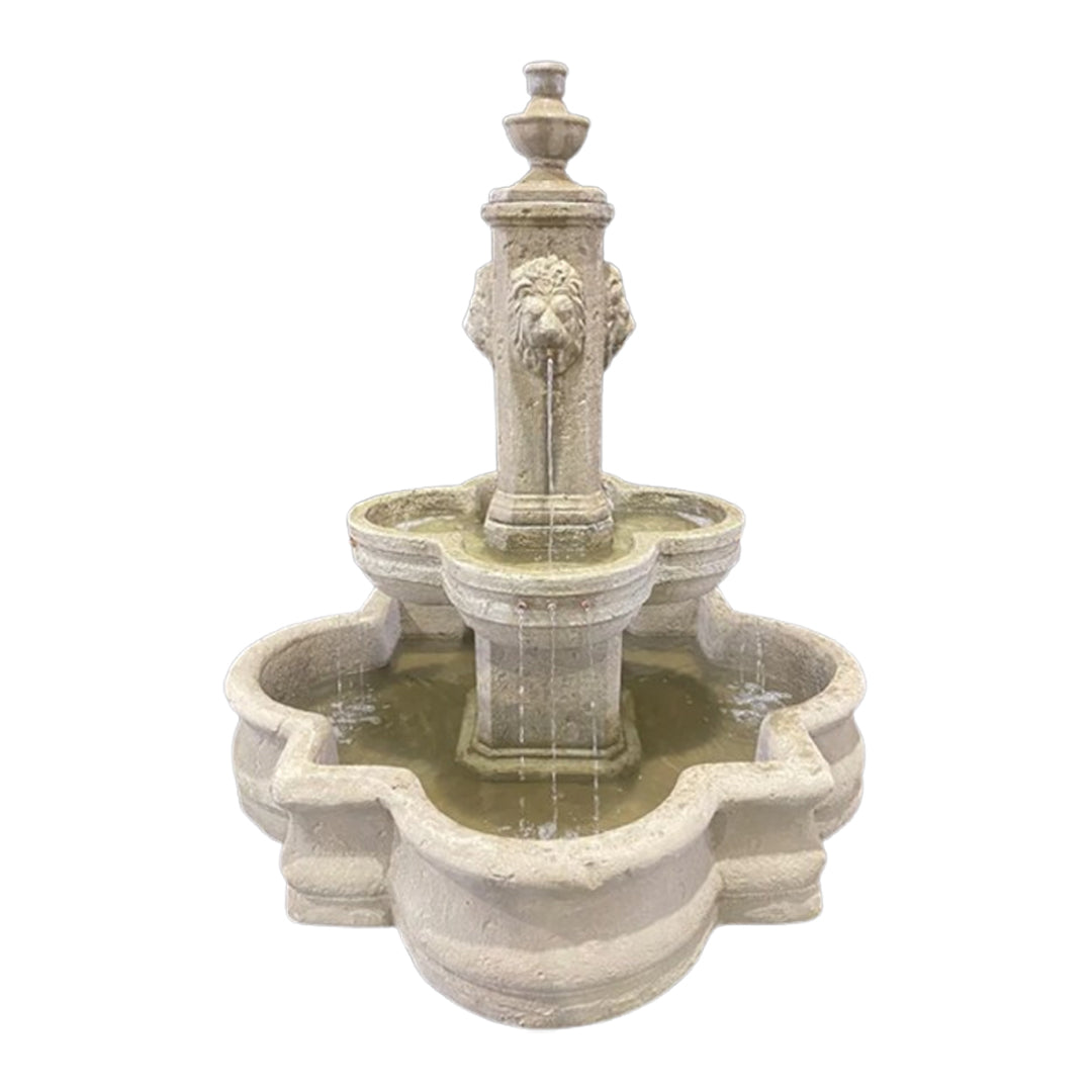 Fiore Stone Diamante Lion Head Fountain with 66" Quatrefoil Basin 272-FAQ in Cast Stone 272-FAQ