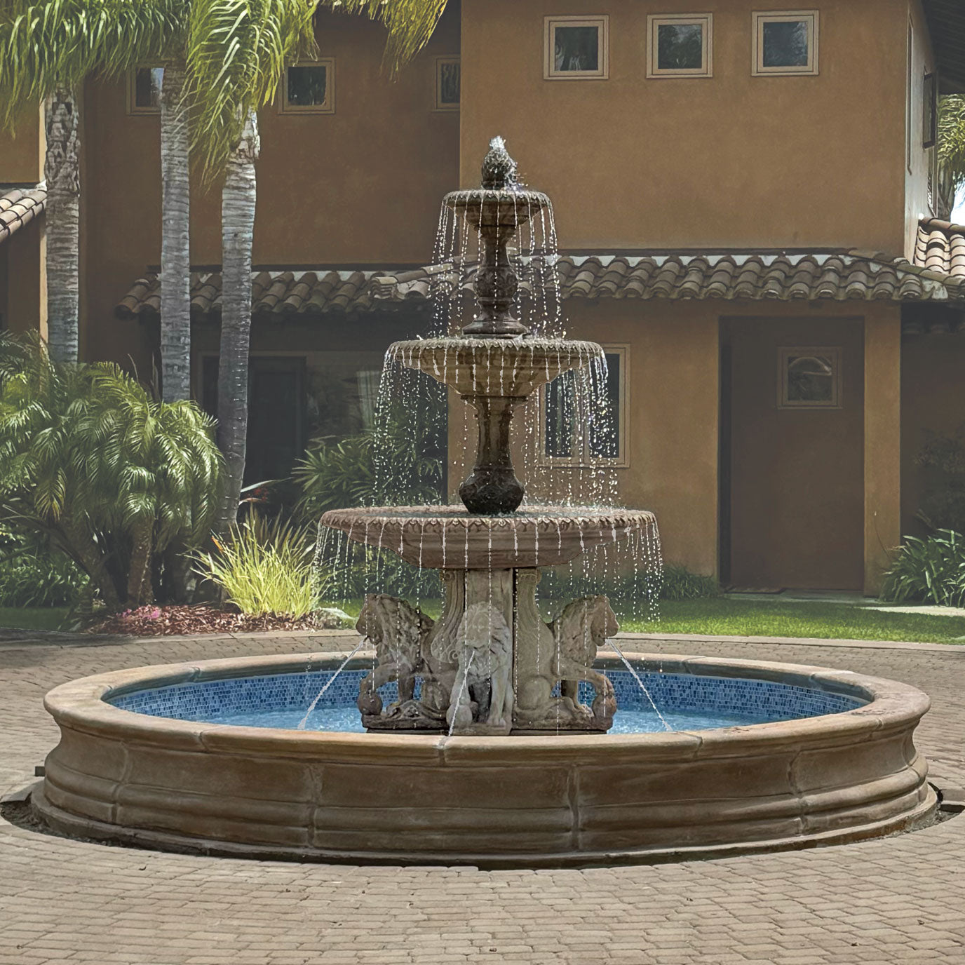 Fiore Stone Four Seasons 3-Tier Fountain with lion Pedestals and 16 ft. Bracci Basin 2134-FL16 in Cast Stone 2134-FL16