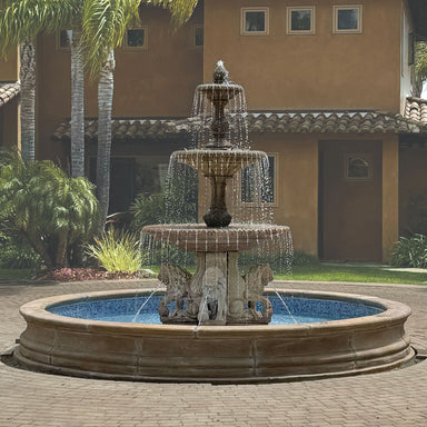 Fiore Stone Four Seasons 3-Tier Fountain with lion Pedestals and 16 ft. Bracci Basin 2134-FL16 in Cast Stone 2134-FL16