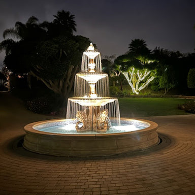 Fiore Stone Four Seasons 3-Tier Fountain with lion Pedestals and 16 ft. Bracci Basin 2134-FL16 in Cast Stone 2134-FL16