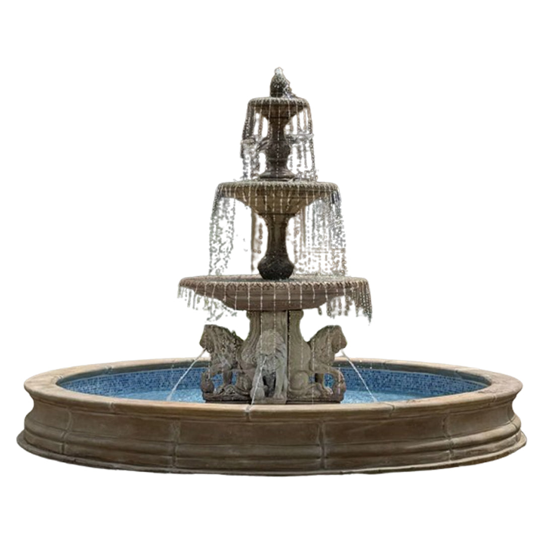 Fiore Stone Four Seasons 3-Tier Fountain with lion Pedestals and 16 ft. Bracci Basin 2134-FL16 in Cast Stone 2134-FL16
