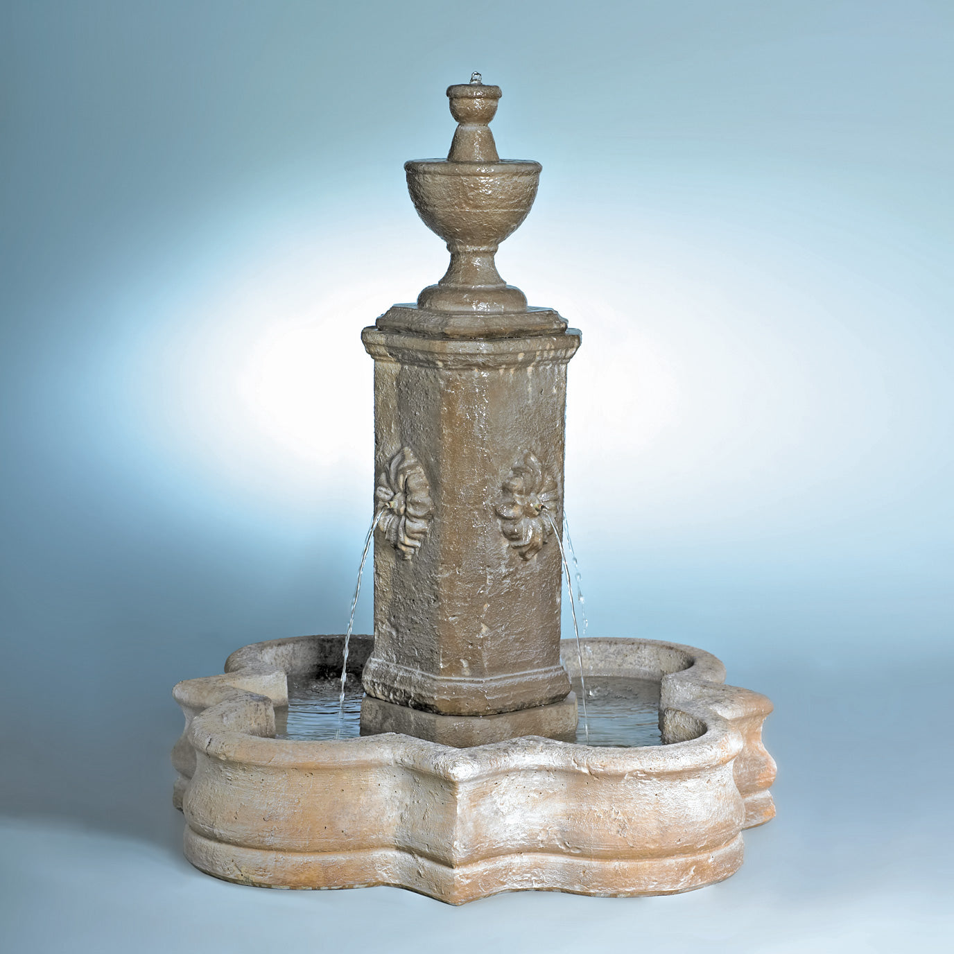 Fiore Stone Rosatito Concrete Fountain with Quatrefoil Basin AV111-FSQ AV111-FSQ