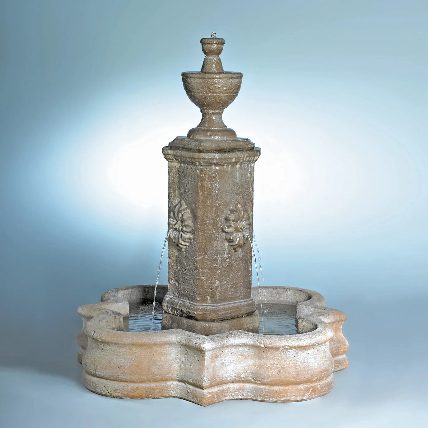 Fiore Stone Rosatito Concrete Fountain with Quatrefoil Basin AV111-FSQ