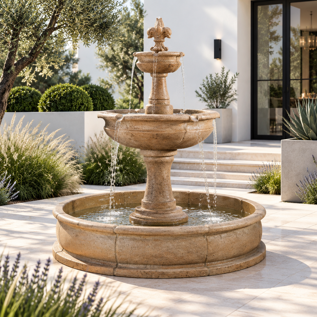Giannini Garden Fleur De Lis 2-Tier Cast Stone Outdoor Garden Fountain with Basin 1662