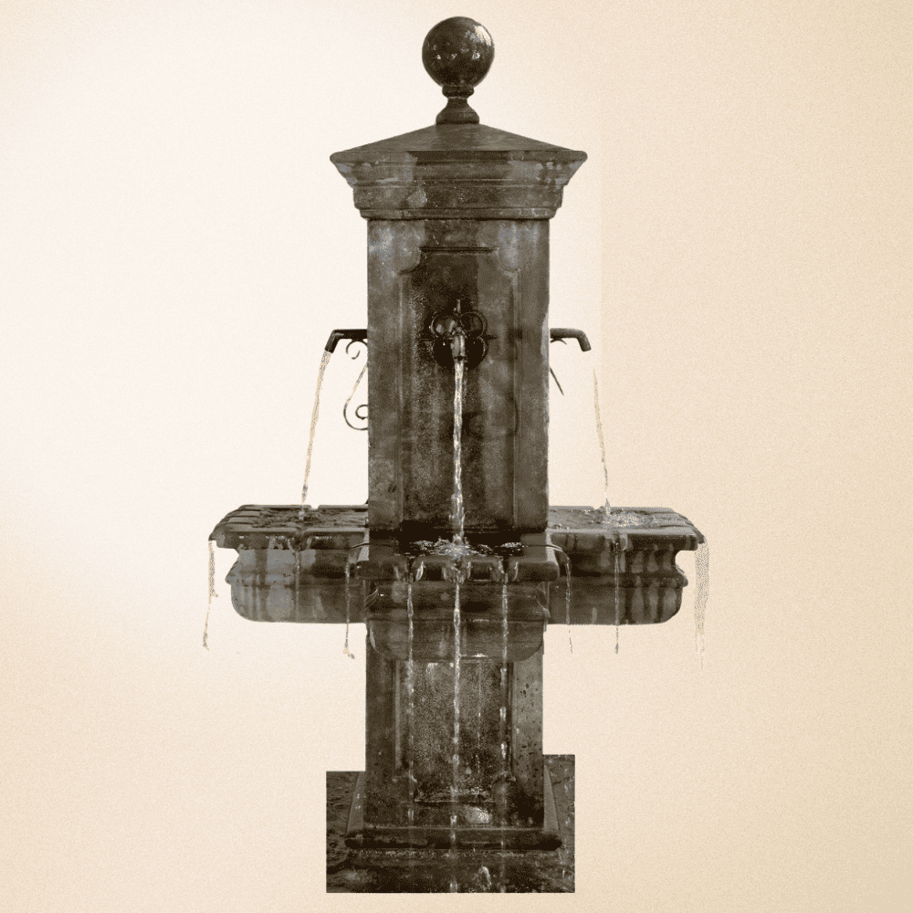 Giannini Garden Anduze Carre' Fountain 1673 (No Pond) GG-1673 w/ Rustic Iron Spouts (No Pond)