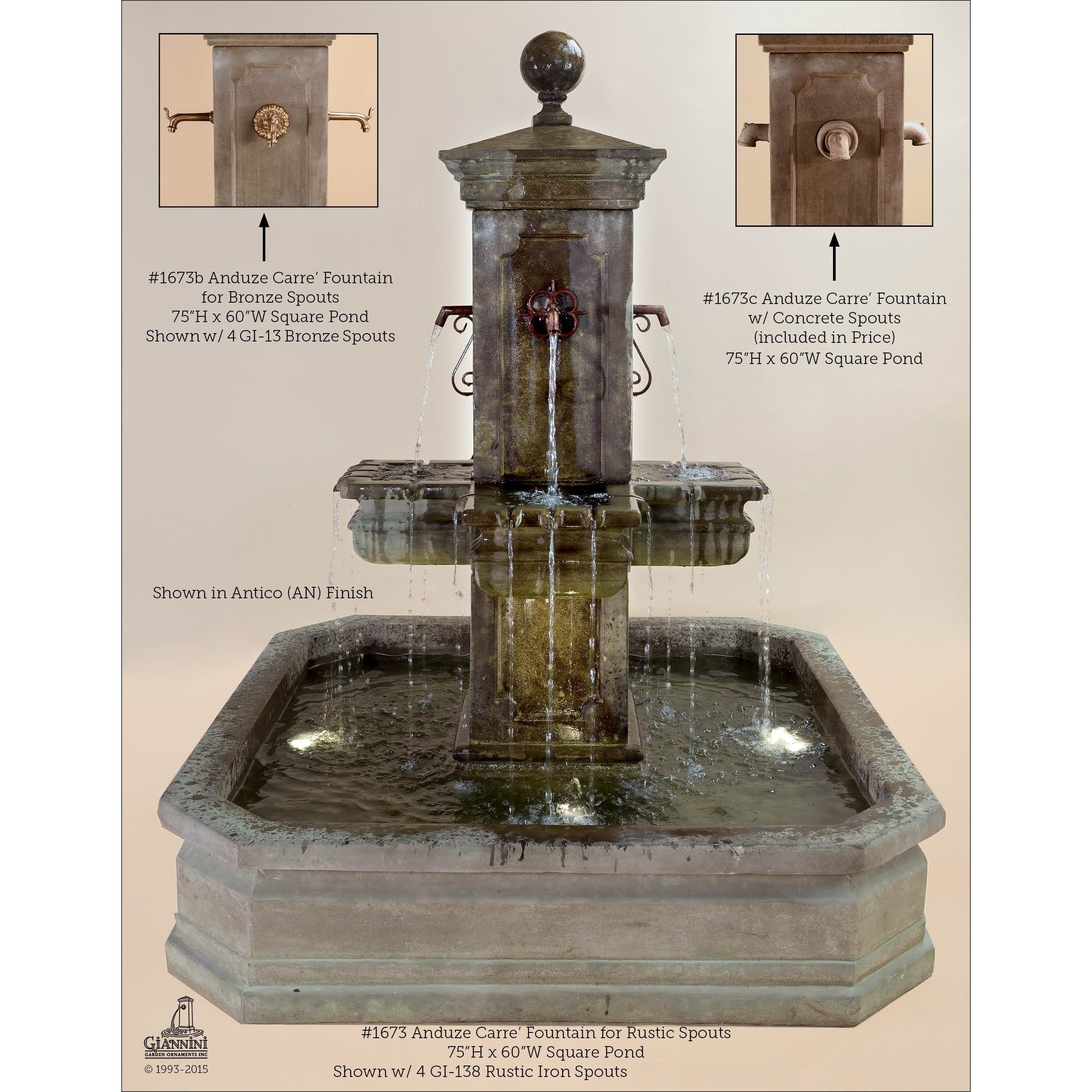 Giannini Garden Anduze Cast Stone Carre Outdoor Courtyard Fountain with Square Basin 1673