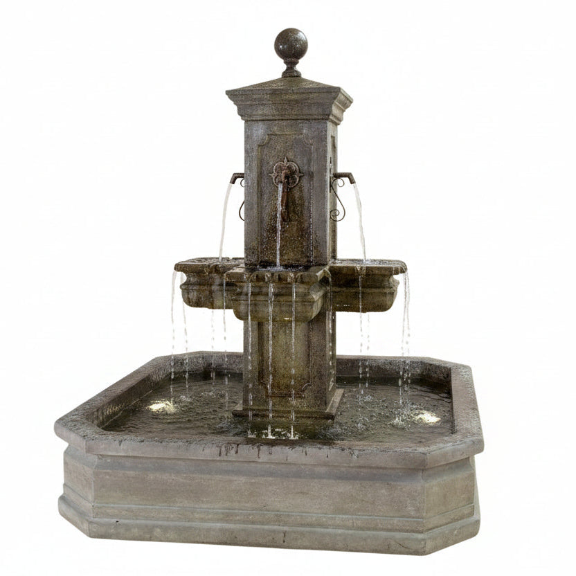 Giannini Garden Anduze Cast Stone Carre Outdoor Courtyard Fountain with Square Basin 1673