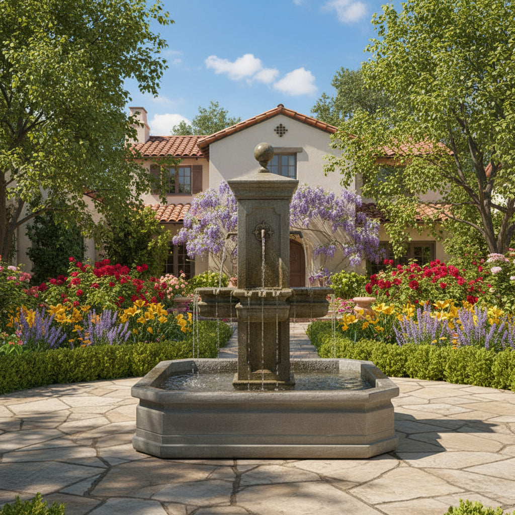 Giannini Garden Anduze Cast Stone Carre Outdoor Courtyard Fountain with Square Basin 1673