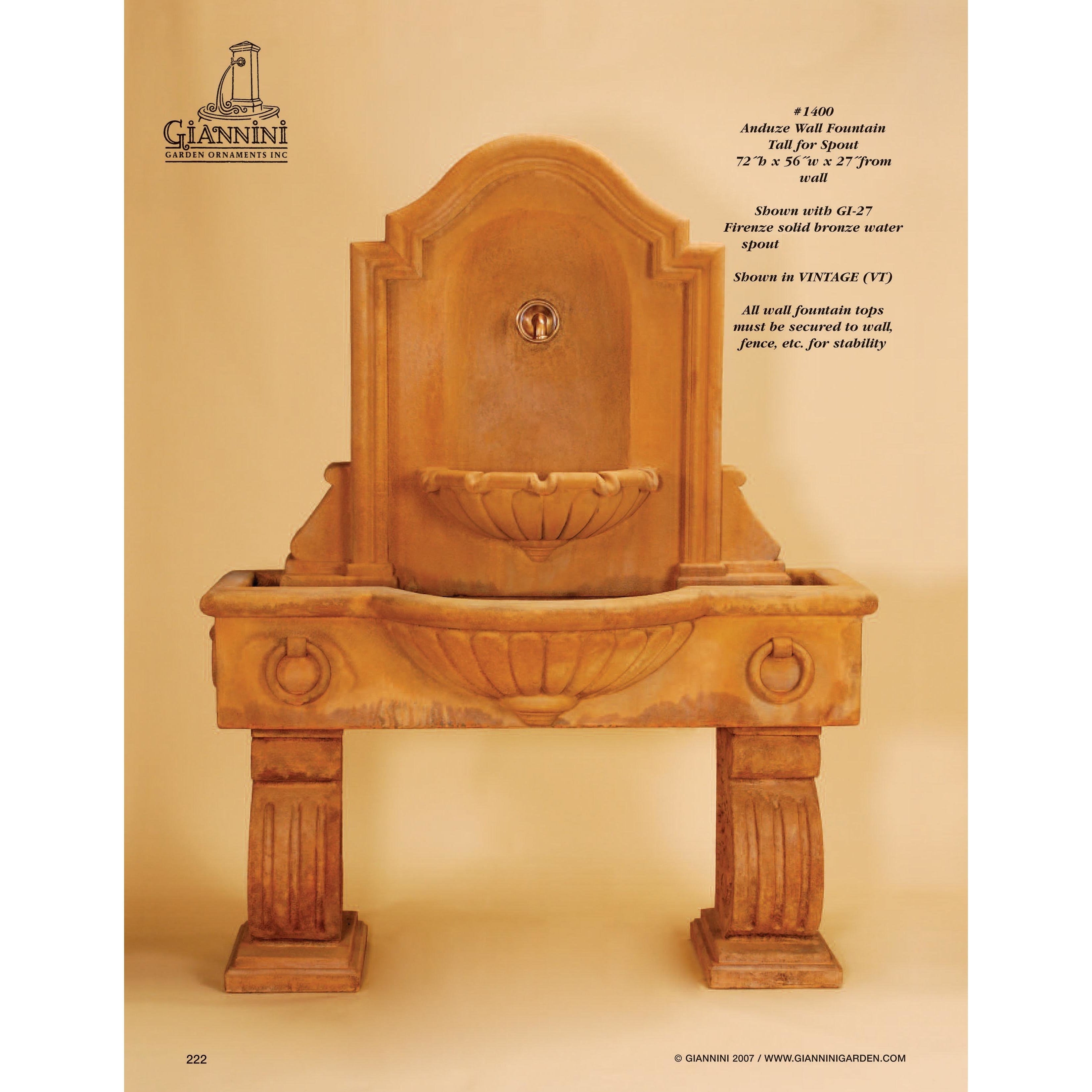 Giannini Garden Anduze Cast Stone Outdoor Garden Wall Fountain with 2 Basins 1400