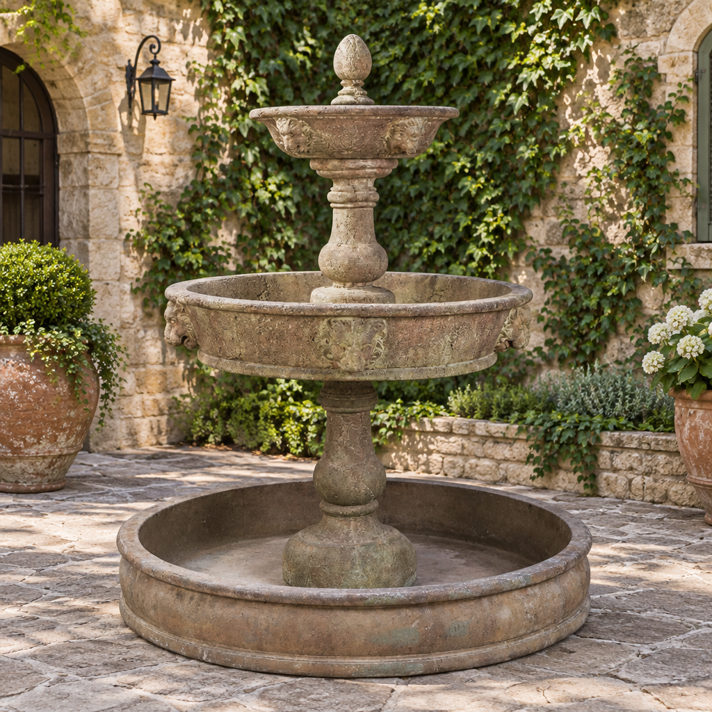Giannini Garden Antica Lion Head Cast Stone Outdoor Courtyard Fountain with Basin 1024