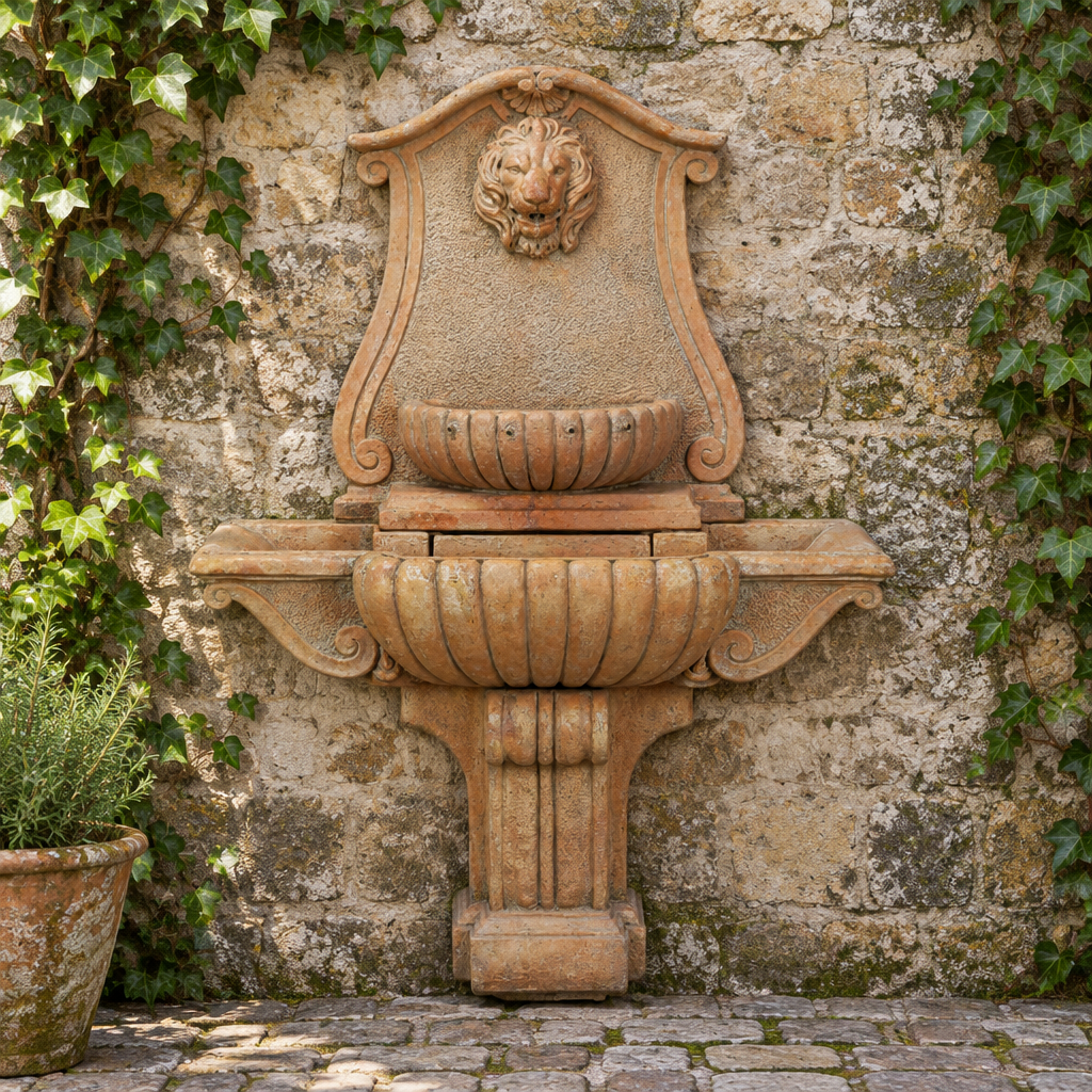 Giannini Garden Bernini Lavabo Lion Head Cast Stone Outdoor Wall Fountain 1066