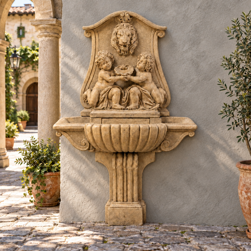 Giannini Garden Donatello Lavabo Lion Head Cast Stone Outdoor Wall Fountain 103