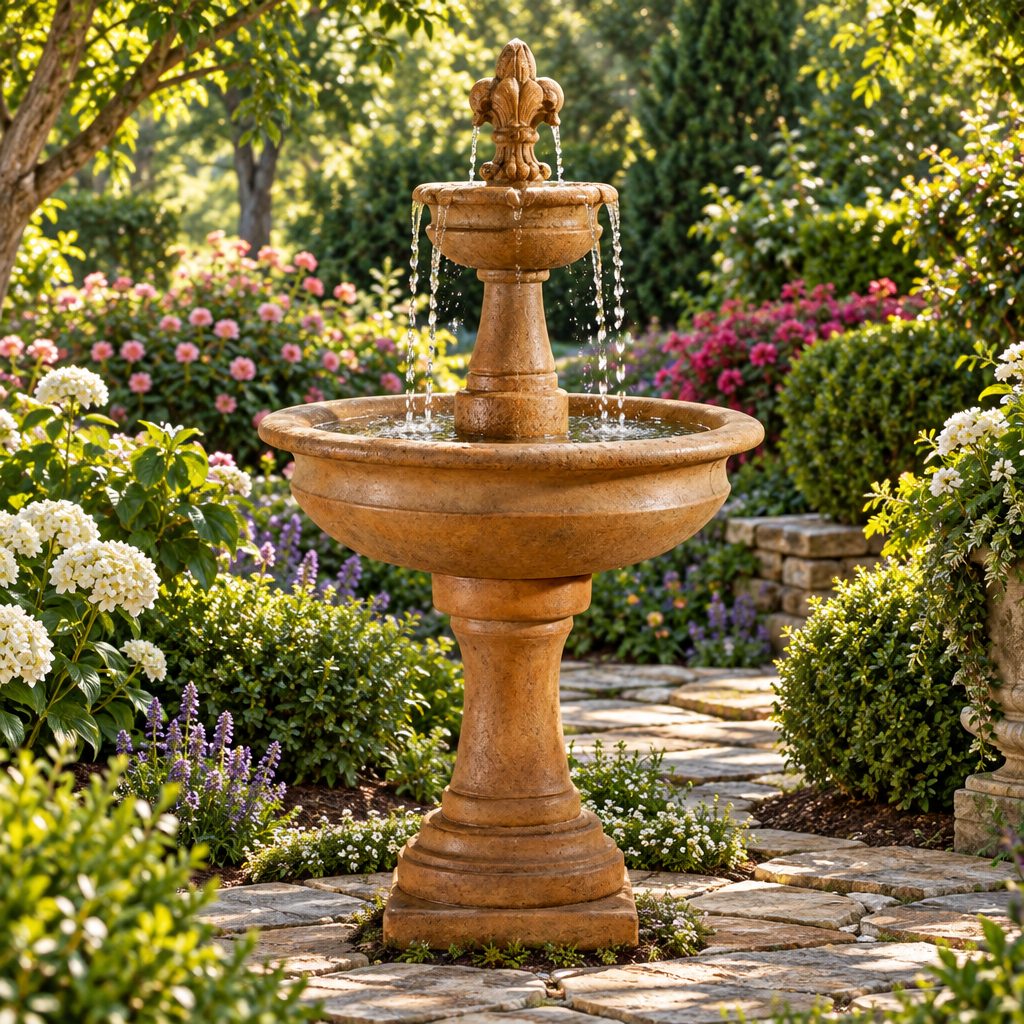 Giannini Garden Fleur De Lis 2-Tier Cast Stone Outdoor Garden Fountain 1663