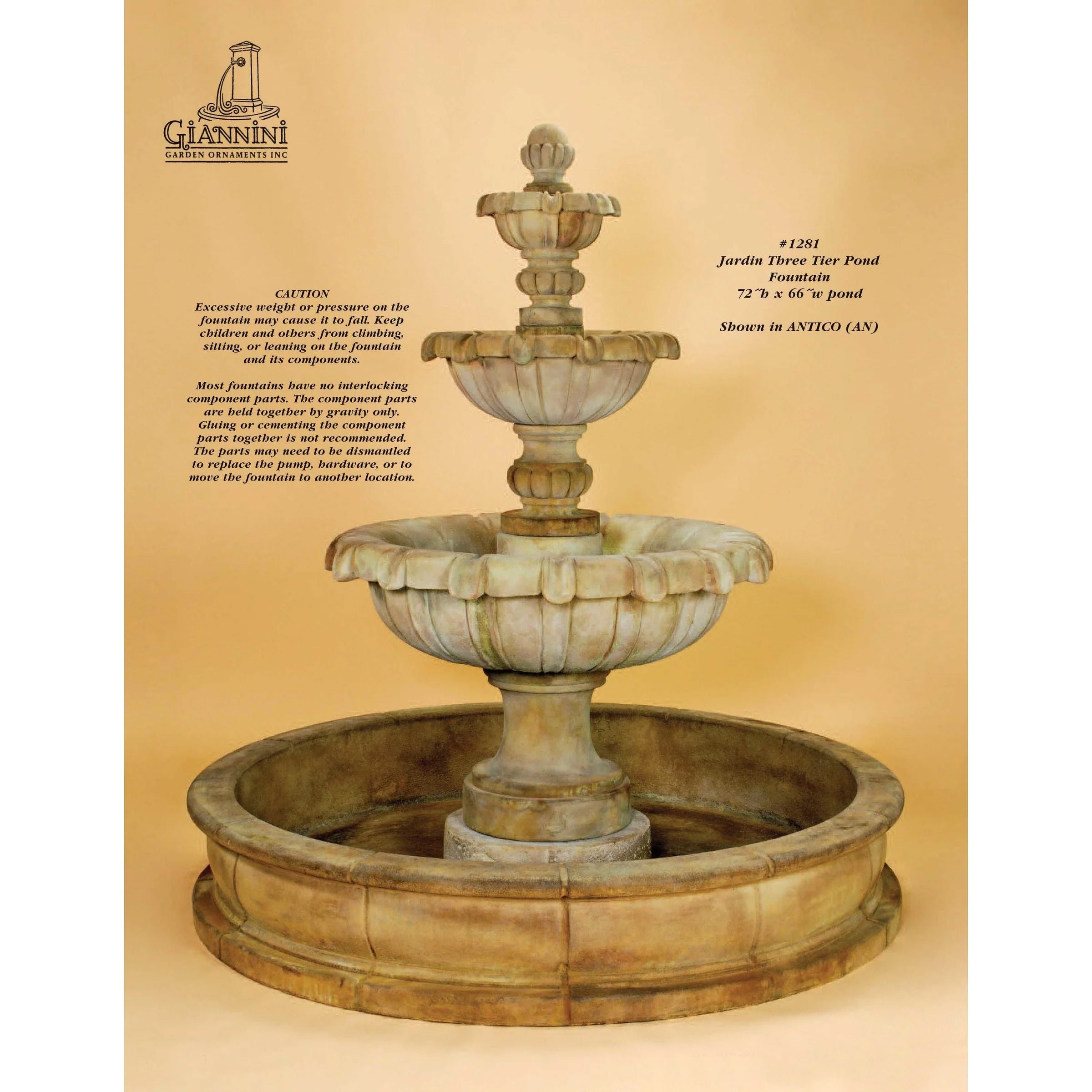 Giannini Garden Jardin 3-Tier Cast Stone Outdoor Courtyard Fountain with Basin 1281