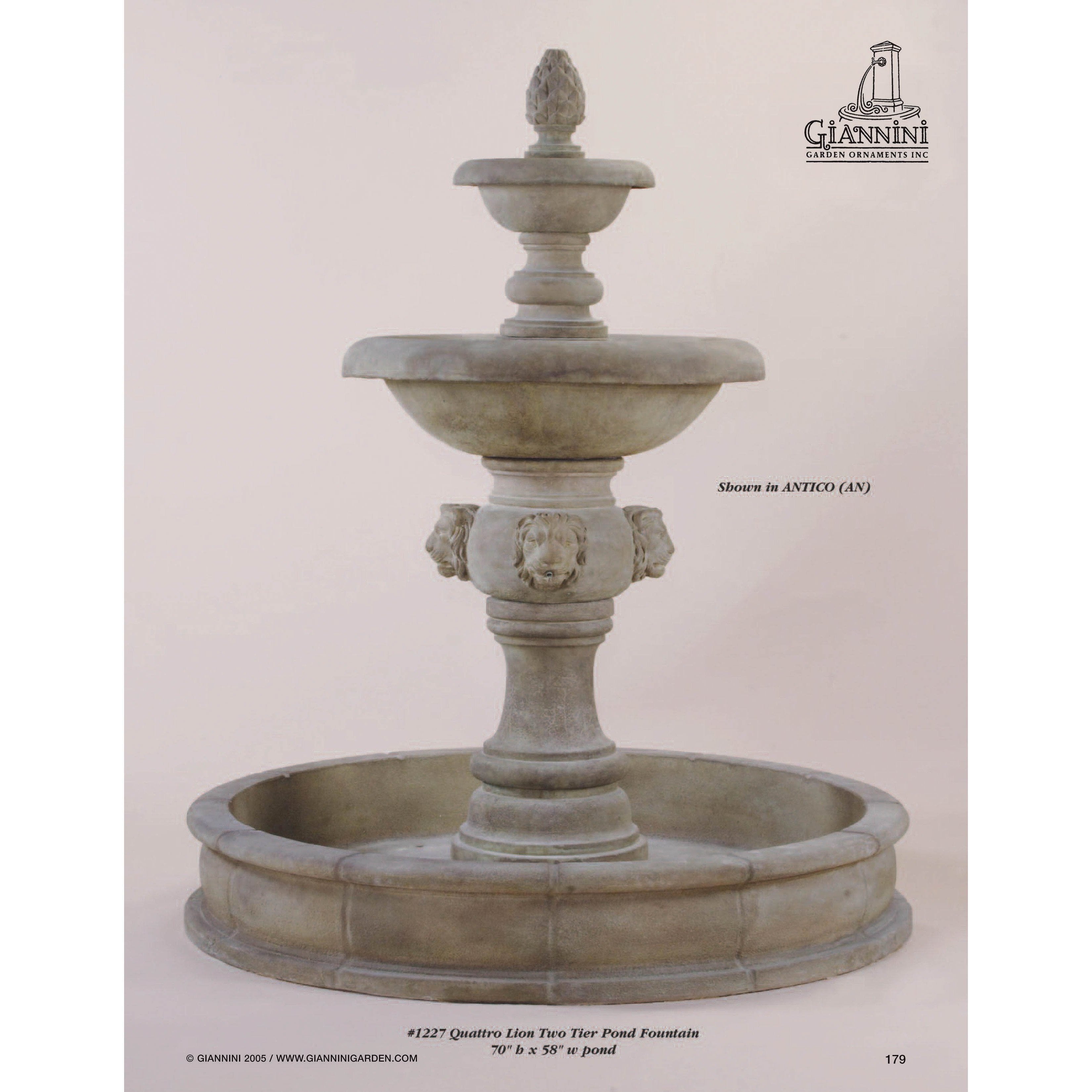 Giannini Garden Quattro Lion Head 2-Tiered Outdoor Courtyard Fountain with Basin 1227