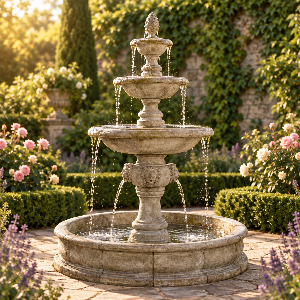 Giannini Garden Quattro Lion Head 3-Tier Outdoor Courtyard Fountain with Basin 1228