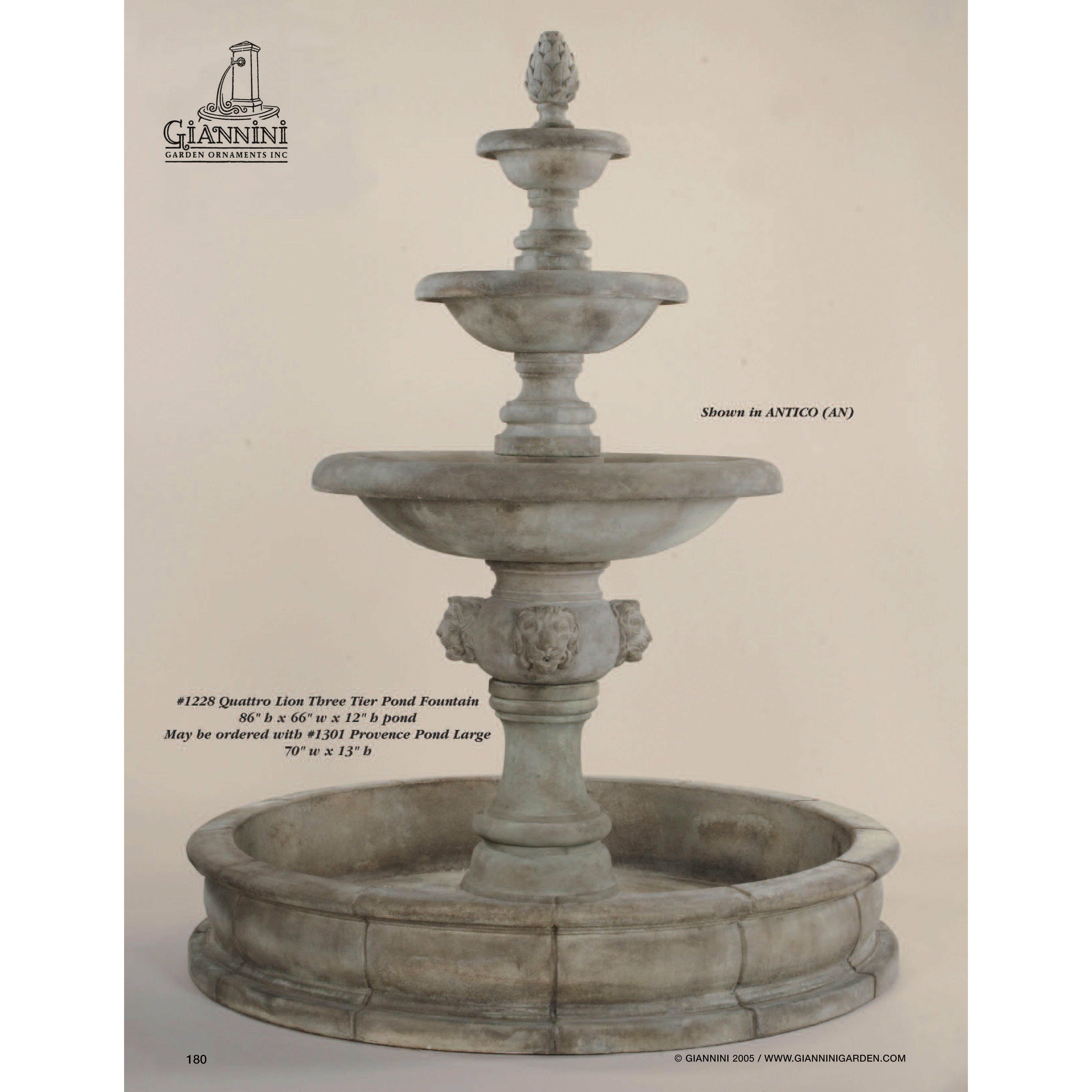 Giannini Garden Quattro Lion Head 3-Tier Outdoor Courtyard Fountain with Basin 1228