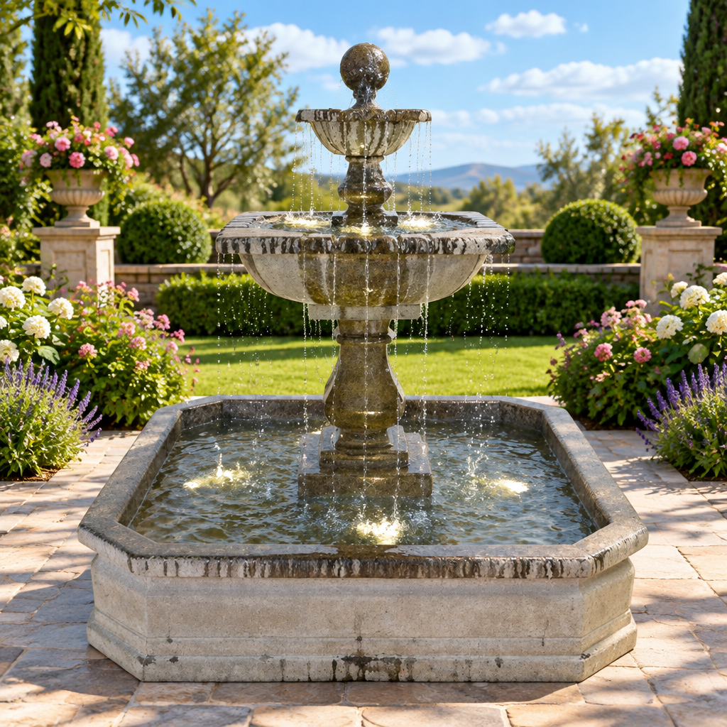 Giannini Garden Solara Cast Stone Quadra Outdoor Courtyard Fountain with Basin 1667