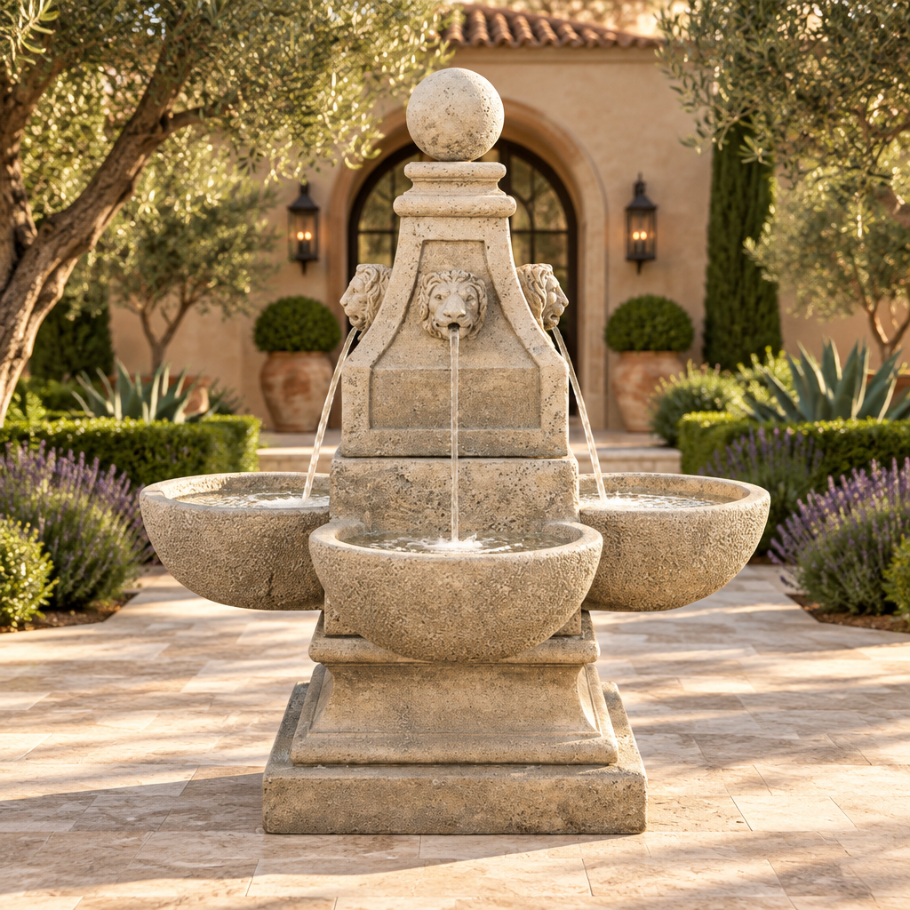 Giannini Garden Venetian Lion Head Cast Stone Outdoor Garden Fountain 1052