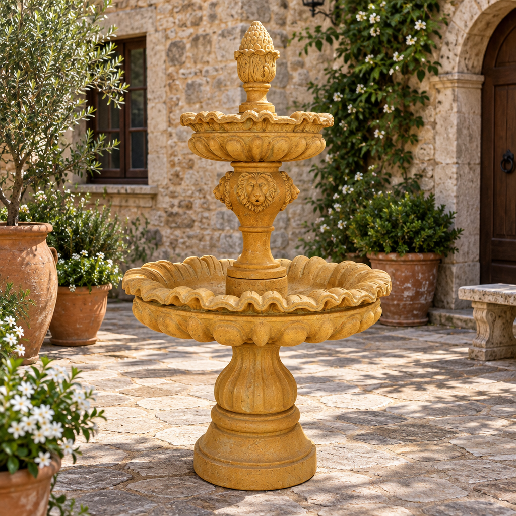 Giannini Garden Venezia Lion Head 2-Tier Cast Stone Outdoor Fountain 1241