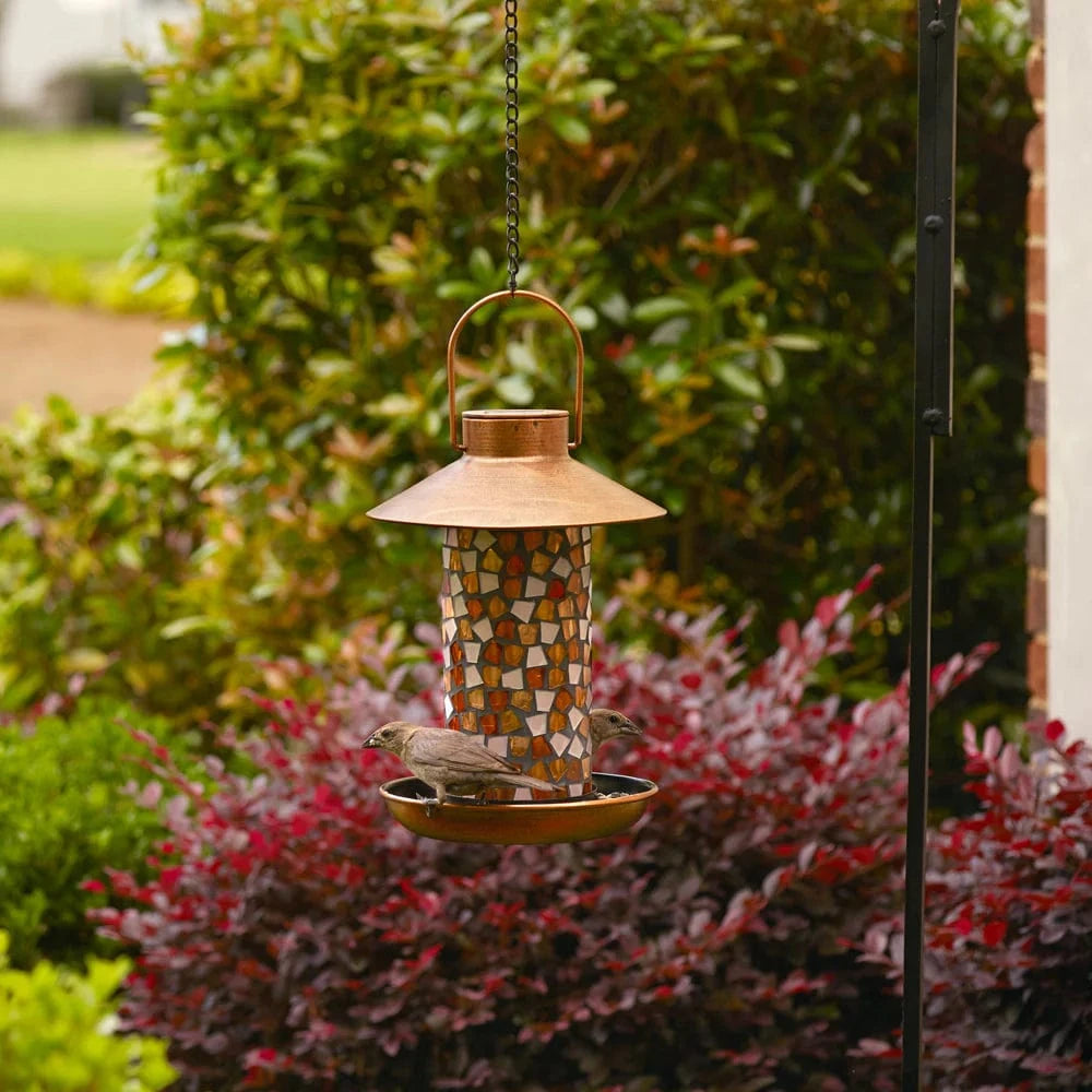 Smart Solar Floor Heater Adelie Mosaic Glass Bird Feeder with Solar Light - Copper 38260108 / 7.68" diameter x 13.80" height Smart Solar Adelie Mosaic Glass Bird Feeder with Solar Light - Copper 38260108