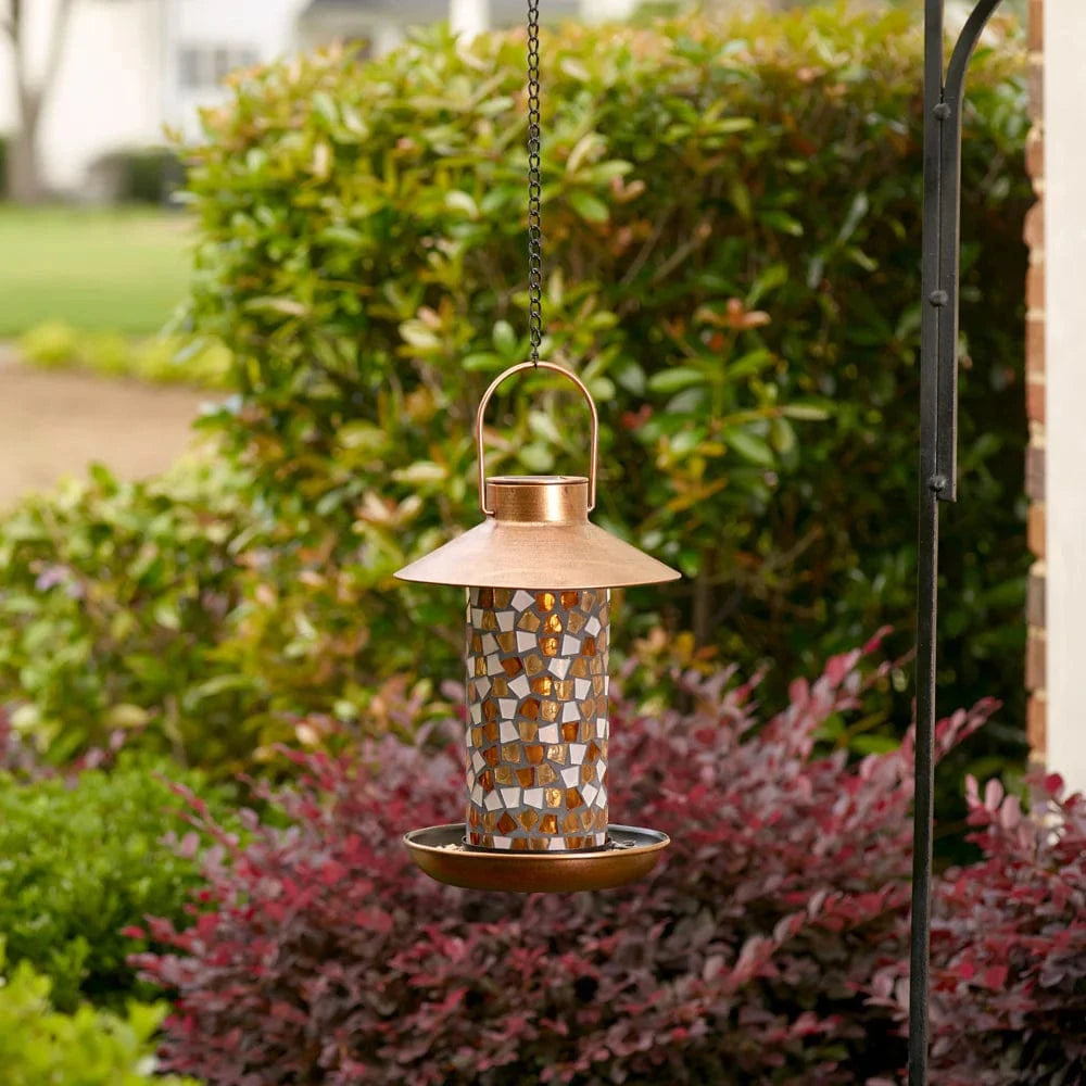Smart Solar Floor Heater Adelie Mosaic Glass Bird Feeder with Solar Light - Copper 38260108 / 7.68" diameter x 13.80" height Smart Solar Adelie Mosaic Glass Bird Feeder with Solar Light - Copper 38260108