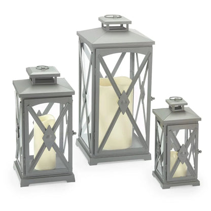 Smart Solar Tabletop Light Miles Candle Lanterns (Set of 3)- Gray D-M924L-SML-GRY / Large lantern measures 9" L x 9" W x 20.5" H Smart Solar Miles Candle Lanterns (Set of 3)- Gray D-M924L-SML-GRY