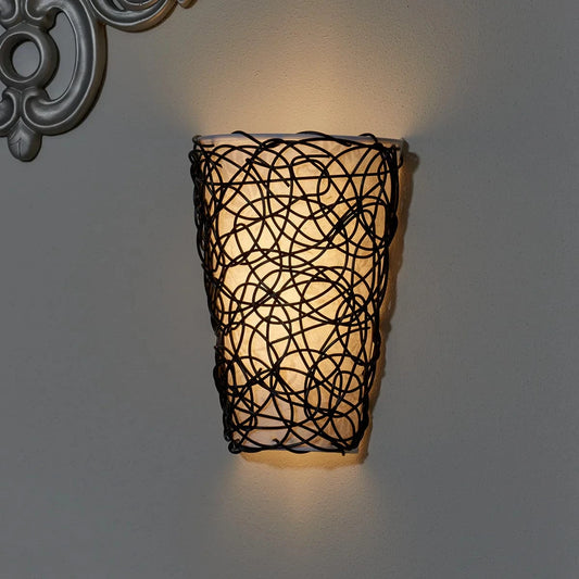 Smart Solar Wall Light Sconce with White Shade and Black Wicker IEL-2100 / 7.75"W x 4"D x 11.25"H&nbsp;&nbsp; Smart Solar Sconce with White Shade and Black Wicker IEL-2100