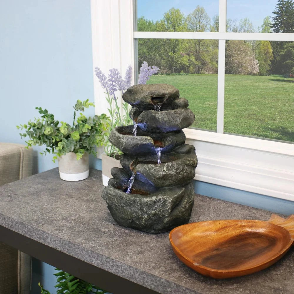 Sunnydaze 10" Stacked Rock Waterfall Fountain with LED Lights DW-35127