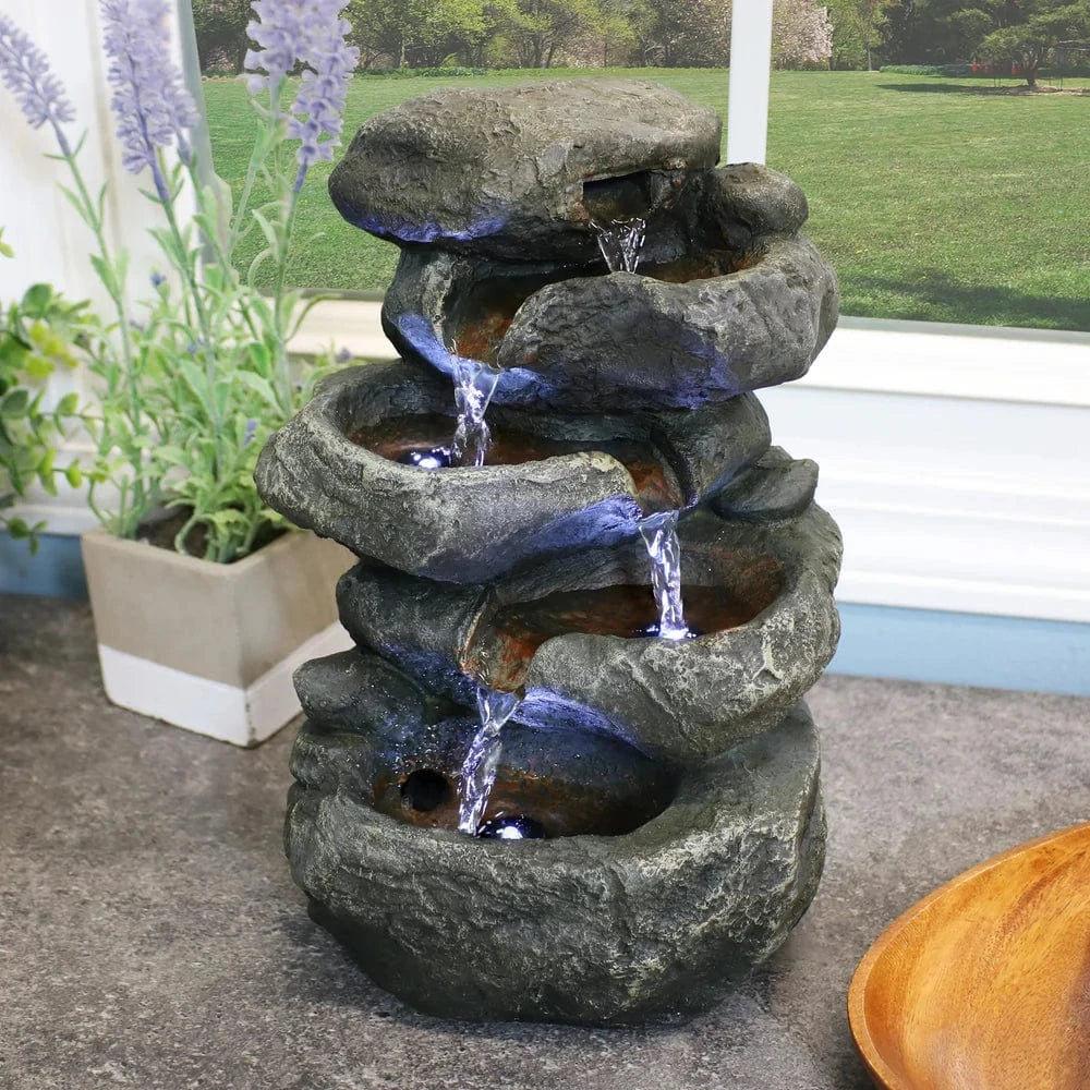 Sunnydaze 10" Stacked Rock Waterfall Fountain with LED Lights DW-35127