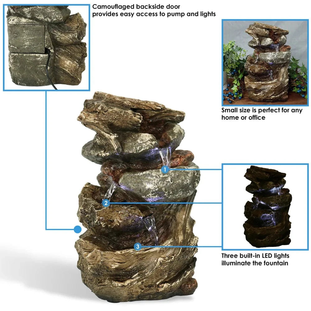 Sunnydaze 10" Tiered Rock & Log Indoor Waterfall Fountain with LED Lights DW-35126