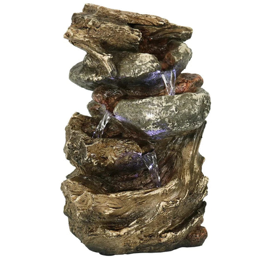 Sunnydaze 10" Tiered Rock & Log Indoor Waterfall Fountain with LED Lights DW-35126