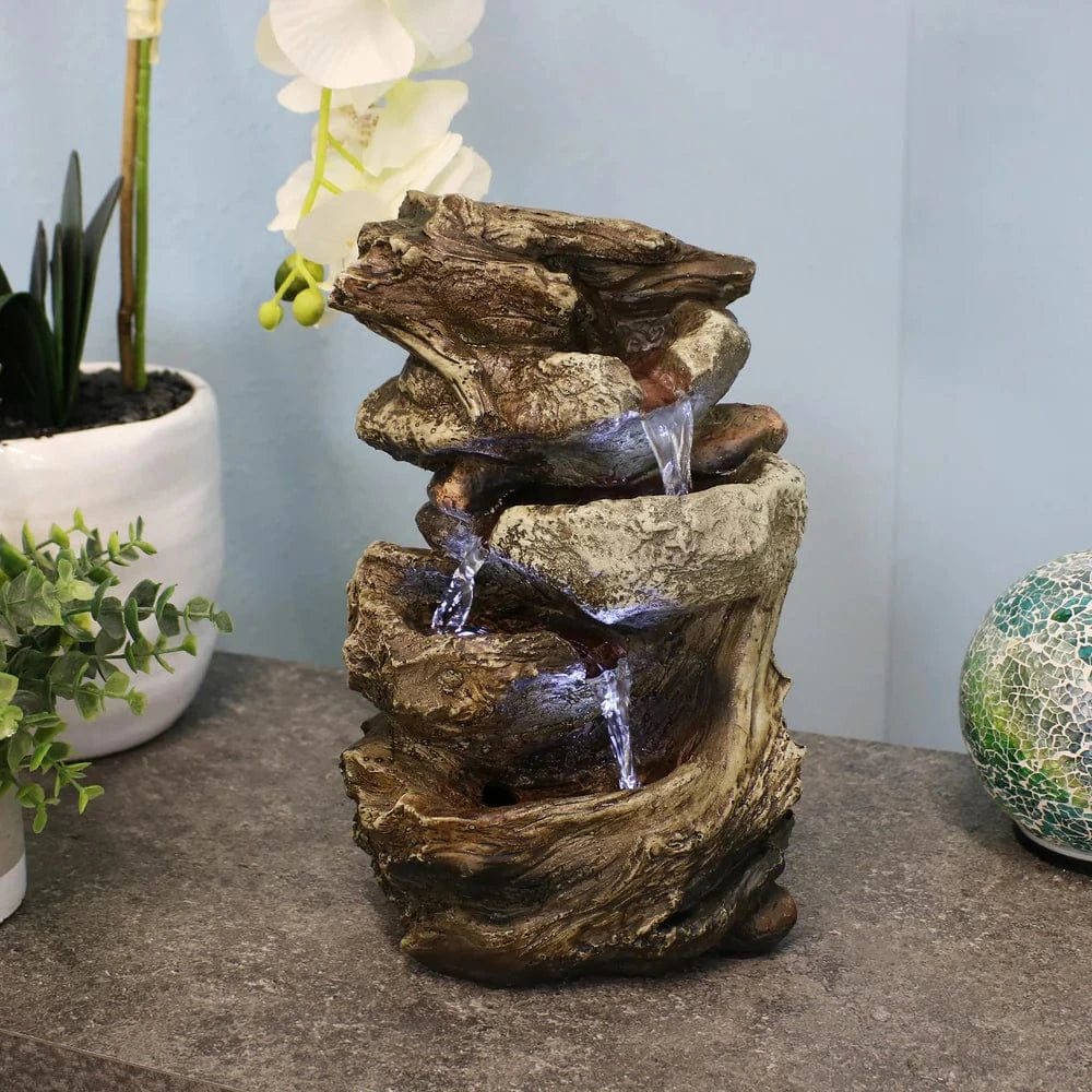Sunnydaze 10" Tiered Rock & Log Indoor Waterfall Fountain with LED Lights DW-35126