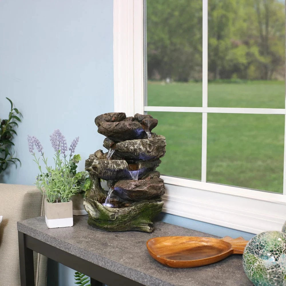 Sunnydaze 14" 5-Step Rock Falls Tabletop Water Fountain with LED Lights DW-34112