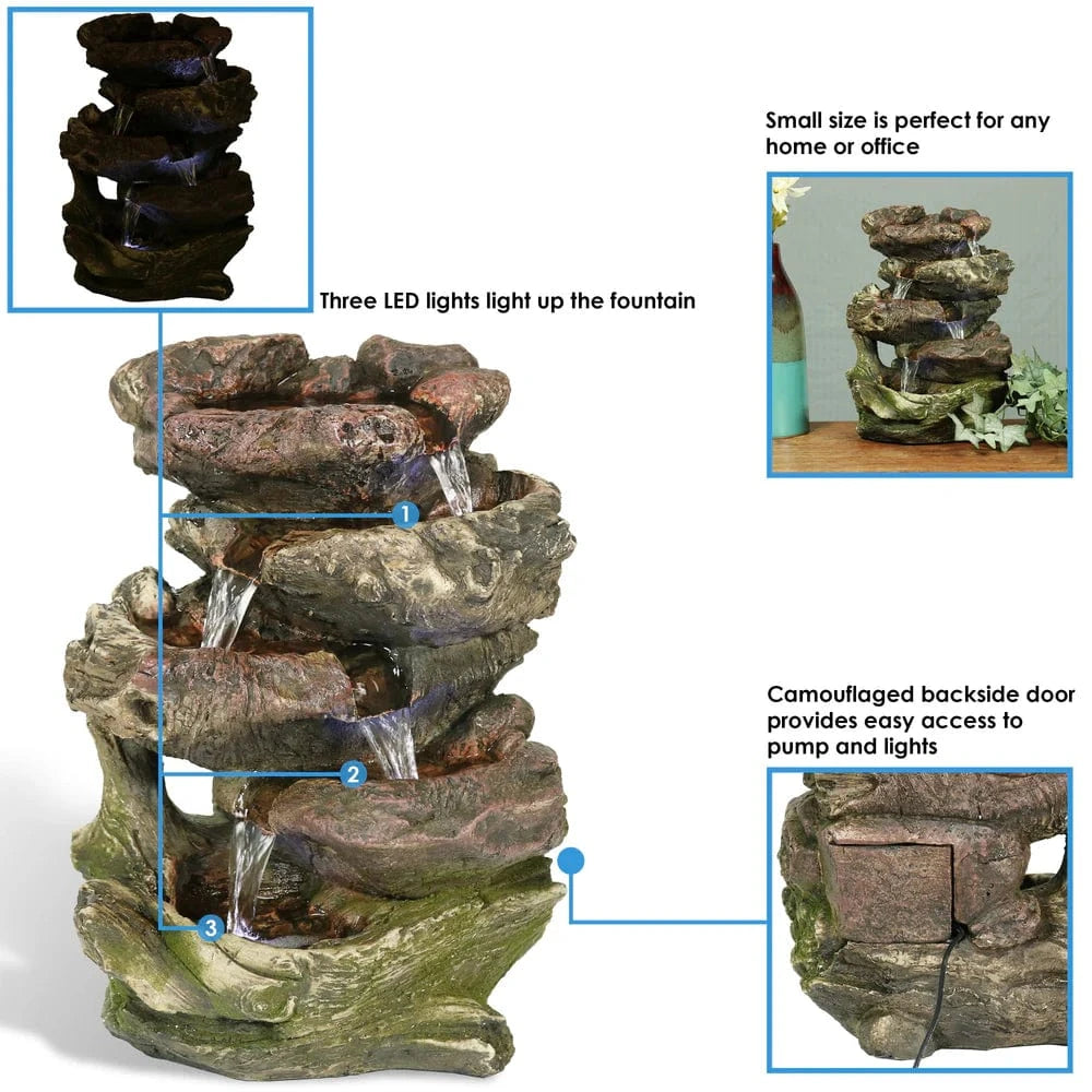 Sunnydaze 14" 5-Step Rock Falls Tabletop Water Fountain with LED Lights DW-34112