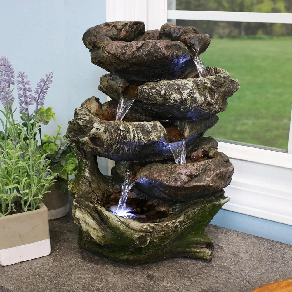 Sunnydaze 14" 5-Step Rock Falls Tabletop Water Fountain with LED Lights DW-34112