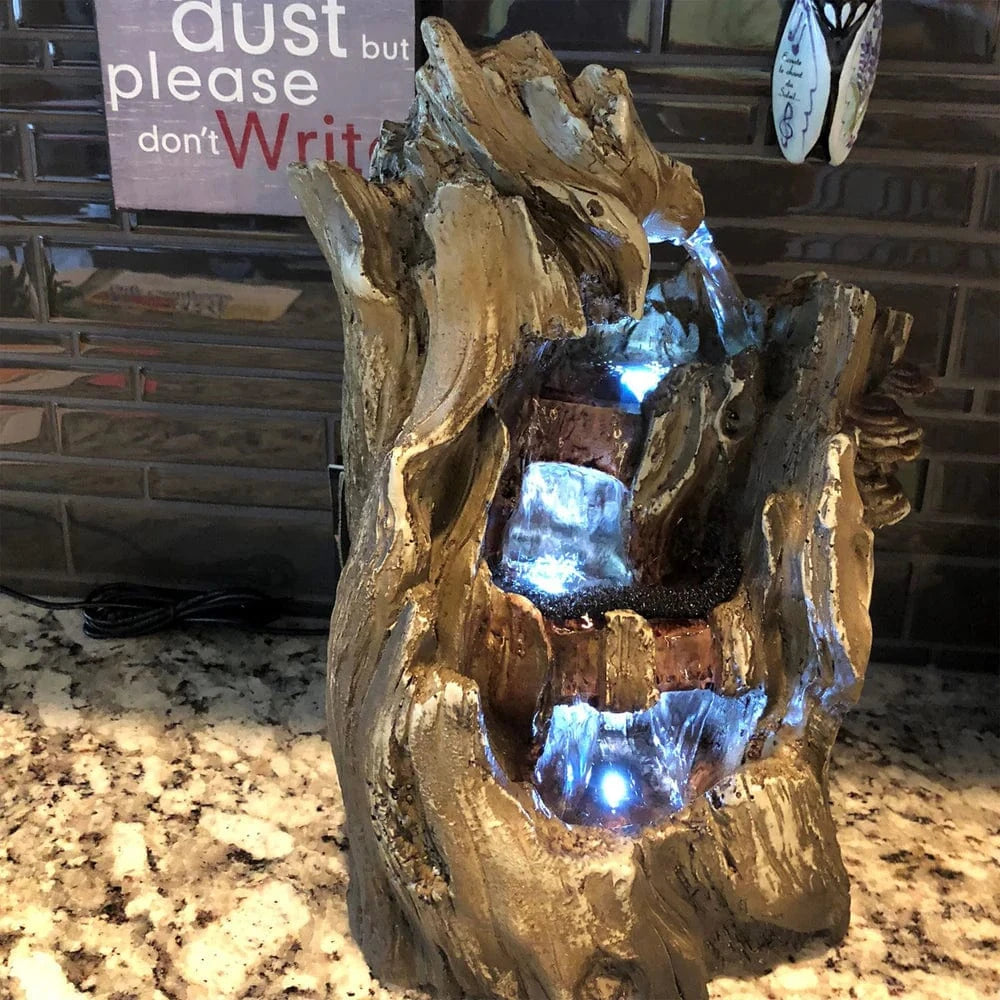 Sunnydaze 14" Cascading Caves Tree Trunk Waterfall Fountain with LED Lights DW-35114