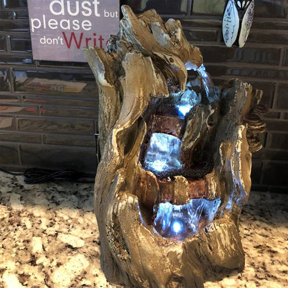 Sunnydaze 14" Cascading Caves Tree Trunk Waterfall Fountain with LED Lights DW-35114