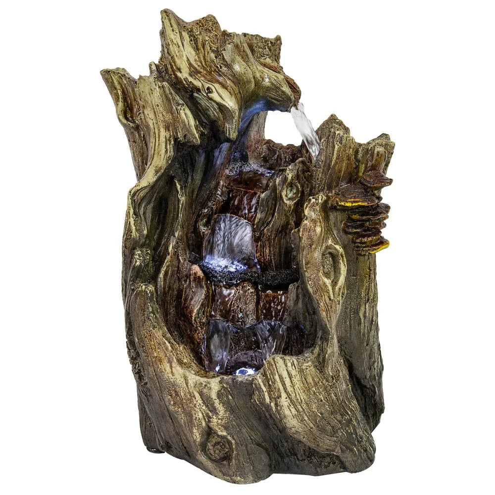 Sunnydaze 14" Cascading Caves Tree Trunk Waterfall Fountain with LED Lights DW-35114