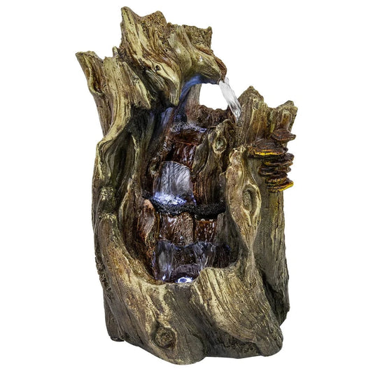 Sunnydaze 14" Cascading Caves Tree Trunk Waterfall Fountain with LED Lights DW-35114