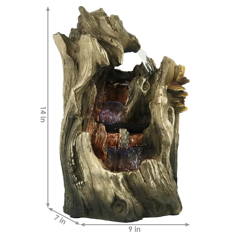 Sunnydaze 14" Cascading Caves Tree Trunk Waterfall Fountain with LED Lights DW-35114