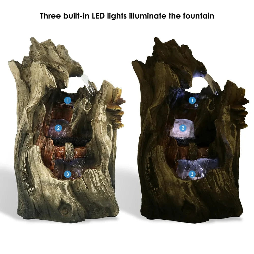 Sunnydaze 14" Cascading Caves Tree Trunk Waterfall Fountain with LED Lights DW-35114