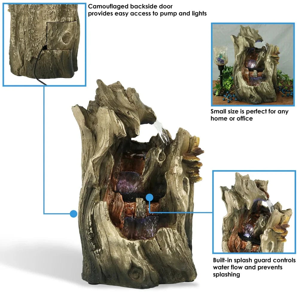 Sunnydaze 14" Cascading Caves Tree Trunk Waterfall Fountain with LED Lights DW-35114