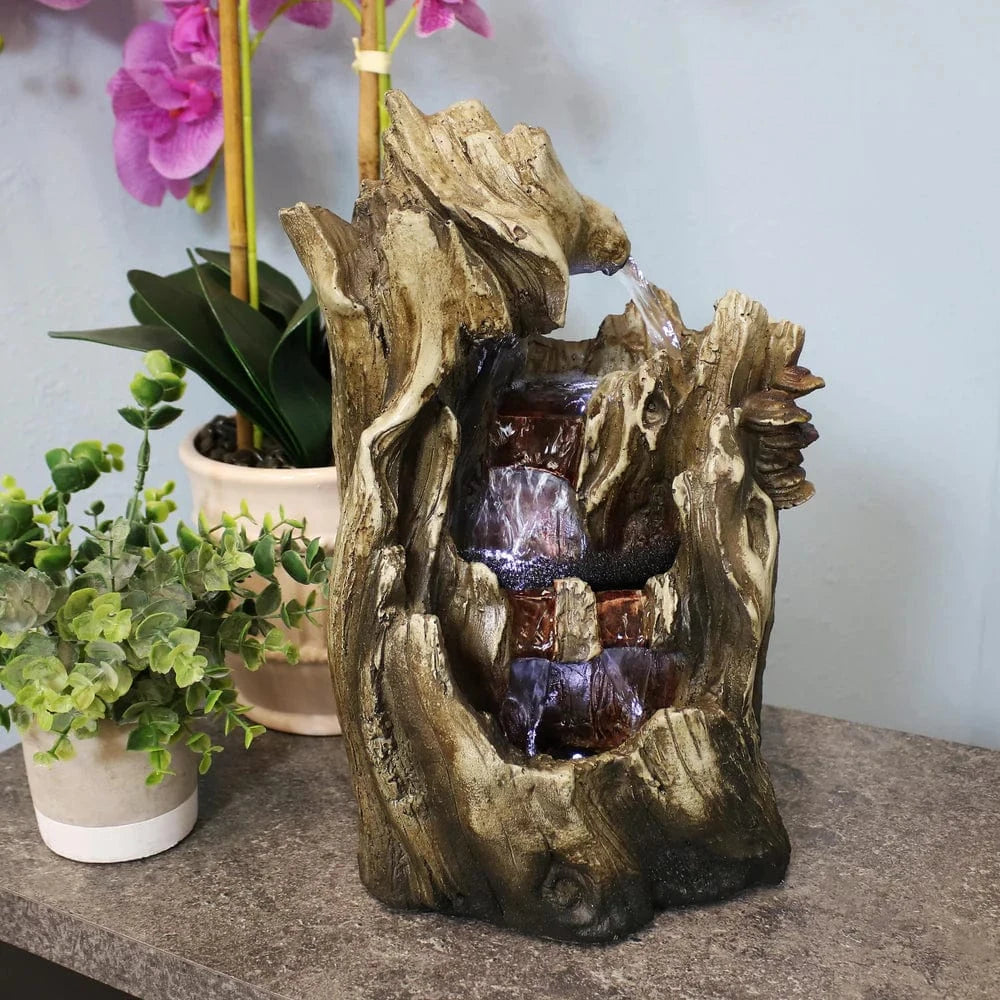 Sunnydaze 14" Cascading Caves Tree Trunk Waterfall Fountain with LED Lights DW-35114