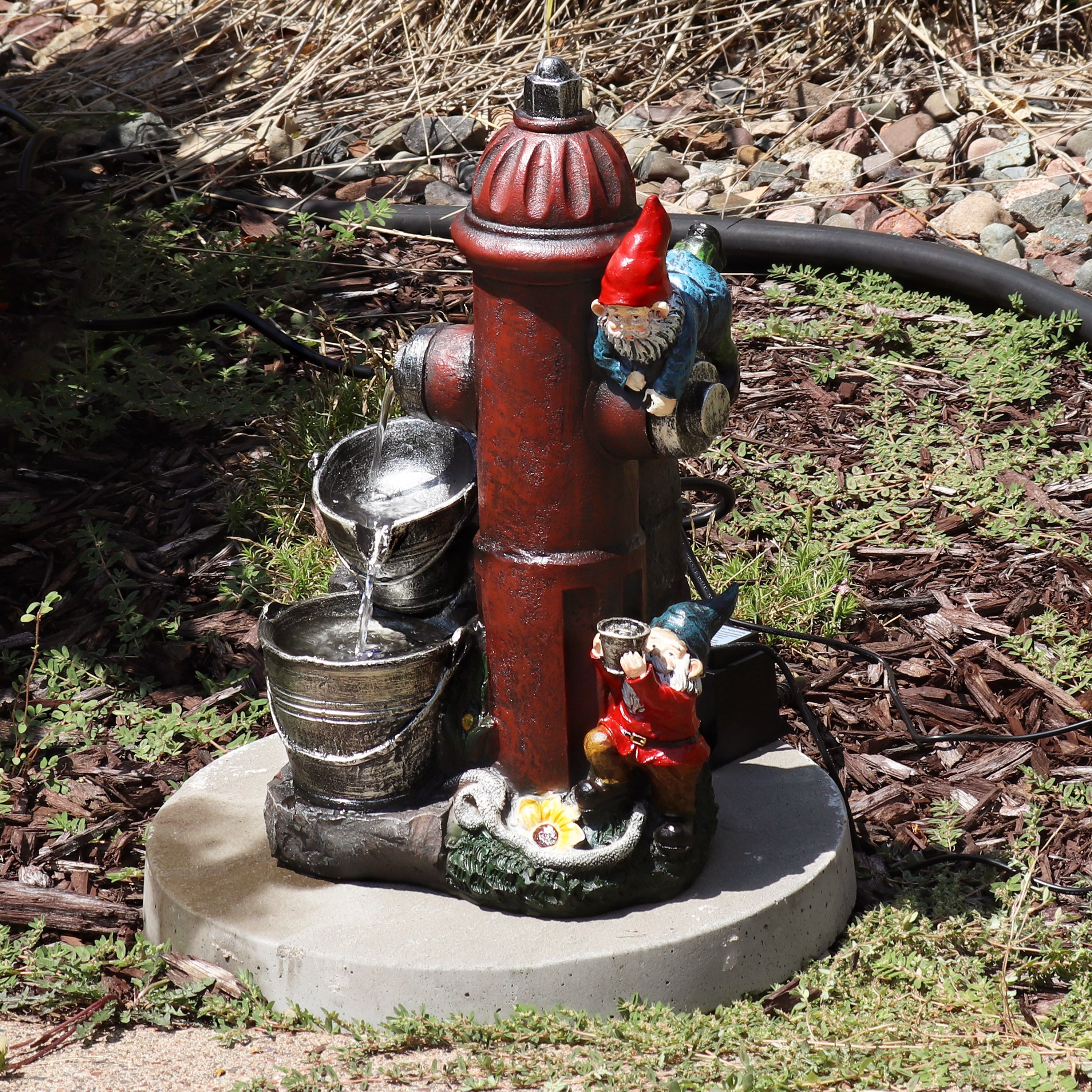 Sunnydaze 16" Fire Hydrant Gnomes Outdoor Water Fountain with LED Light XSS-400