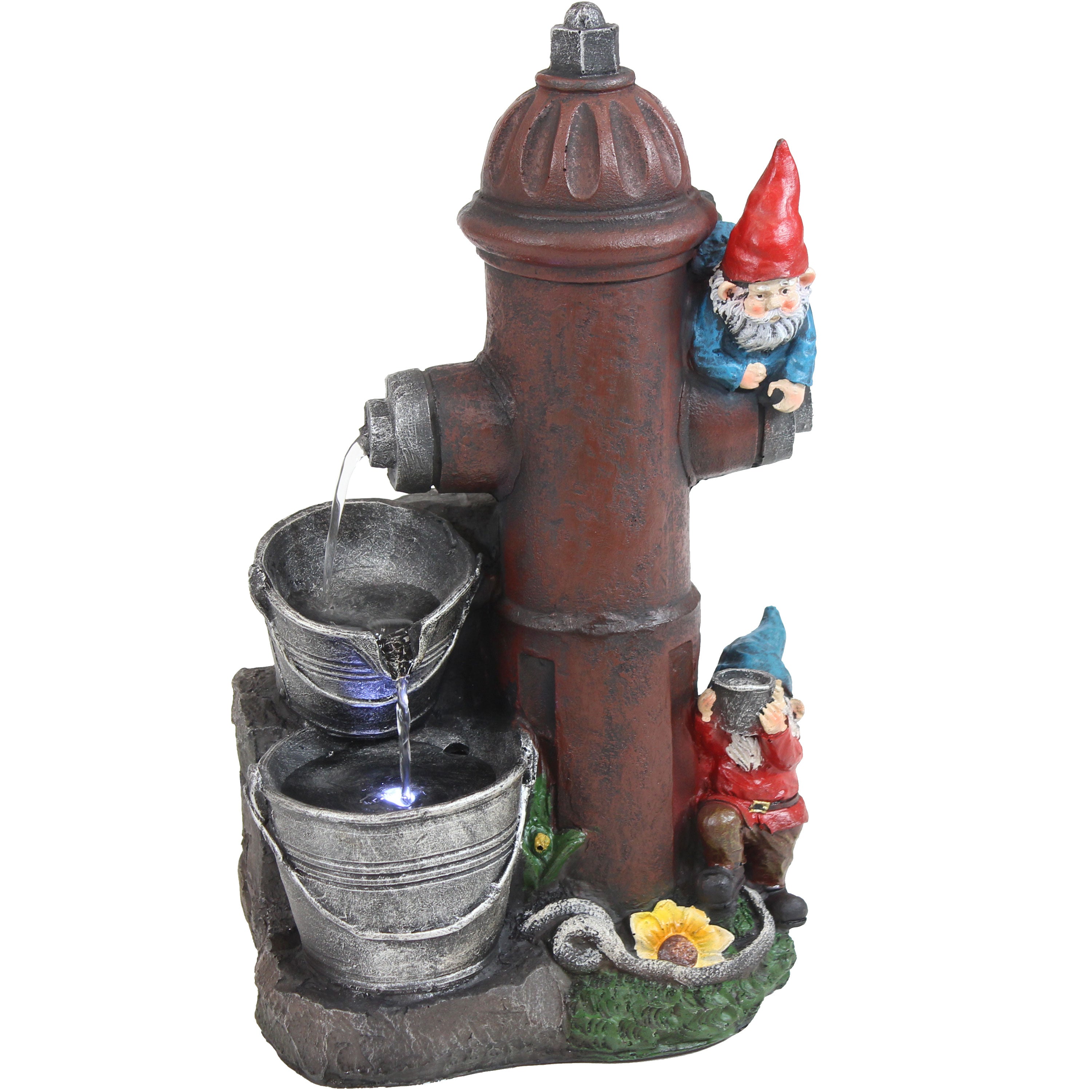 Sunnydaze 16" Fire Hydrant Gnomes Outdoor Water Fountain with LED Light XSS-400