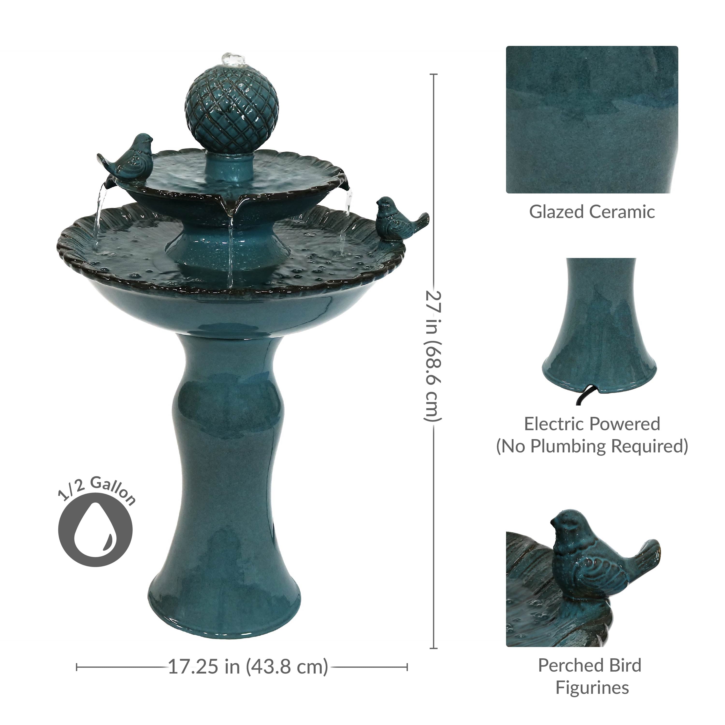 Sunnydaze 2-Tier Ceramic Outdoor Water Fountain 27" - Resting Birds