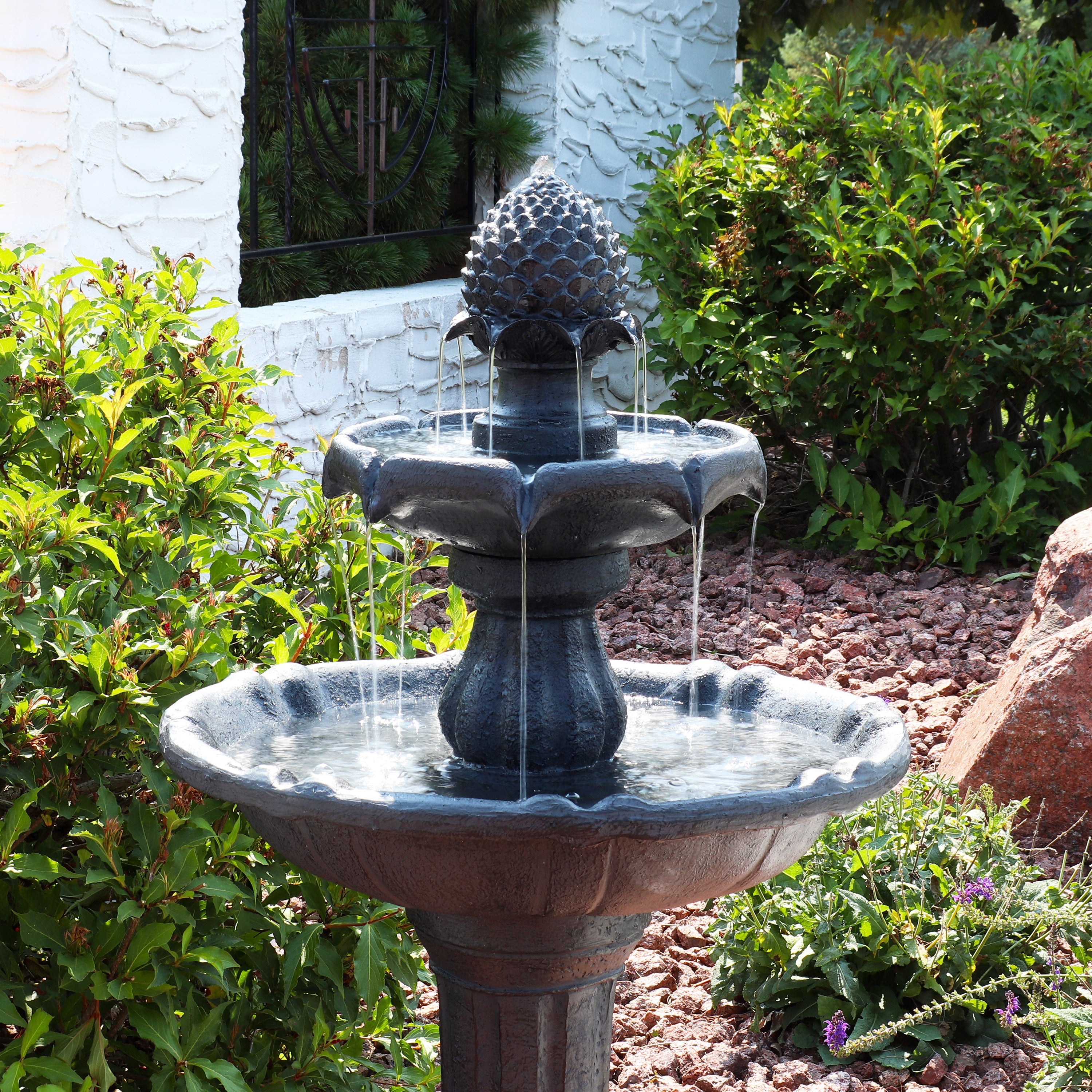 Sunnydaze 2-Tier Pineapple 46" Solar Fountain with Battery Backup