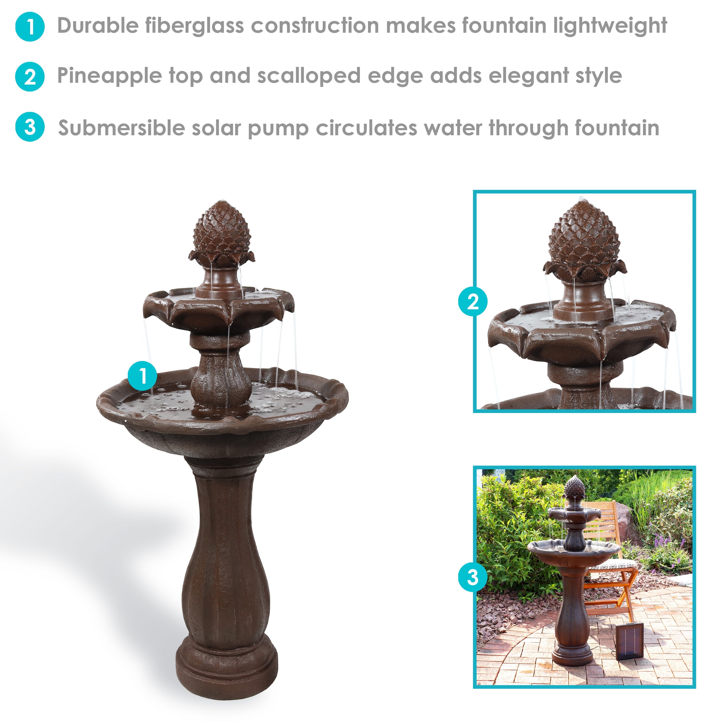 Sunnydaze 2-Tier Pineapple 46" Solar Fountain with Battery Backup