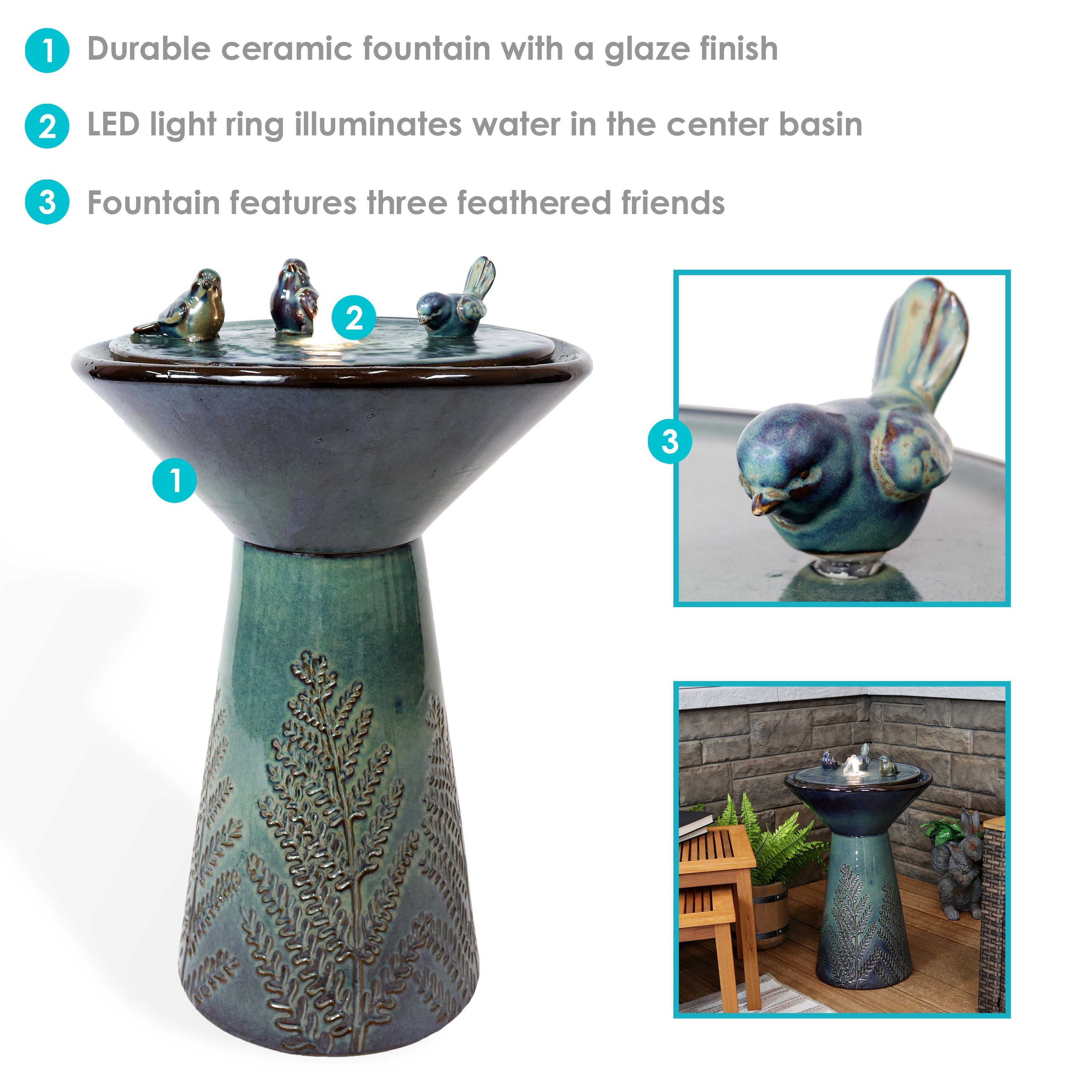 Sunnydaze 28.25" Gathering Birds Ceramic Outdoor Fountain with LED Lights SSS-697